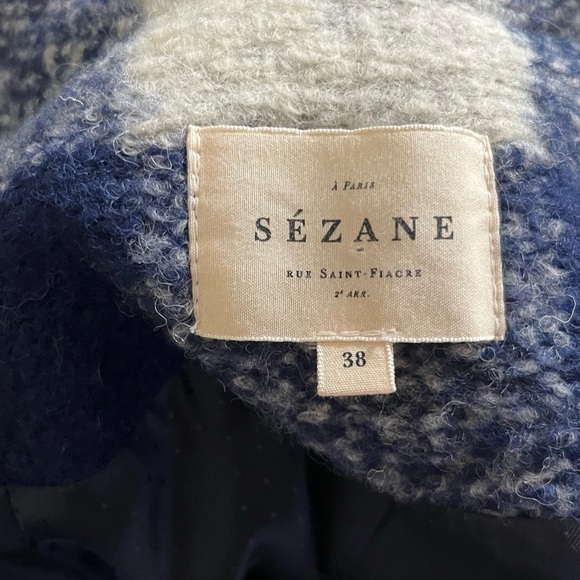 Sezane Wool Manteau Joe Jacket Coat in White and Blue check Size 6/36 - Picture 8 of 9
